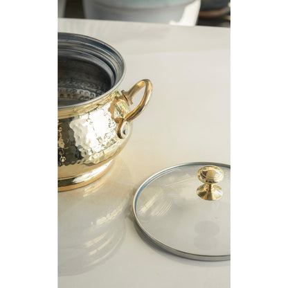 Brass Cooking Pot with Tin Lining and Glass Lid Hammered Design