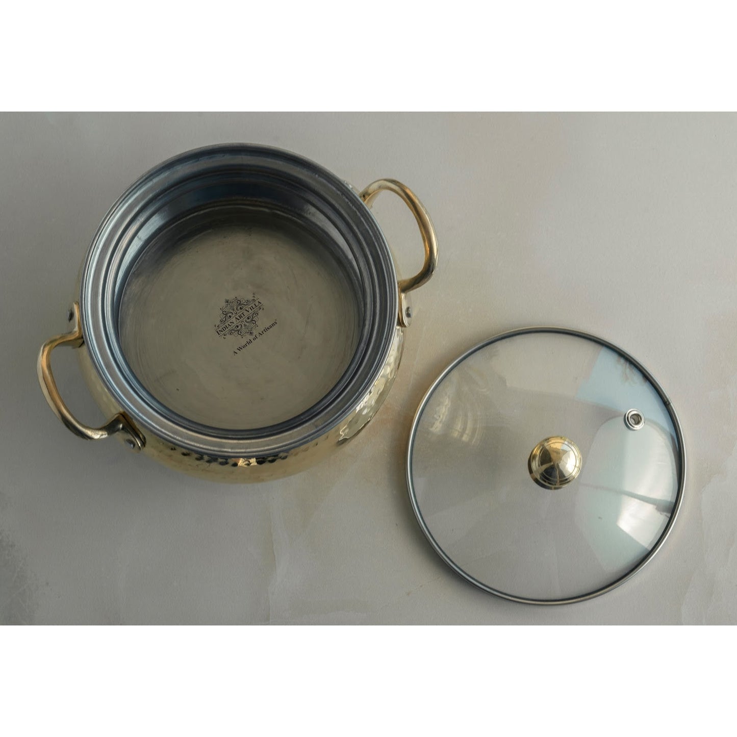 Brass Cooking Pot with Tin Lining and Glass Lid Hammered Design