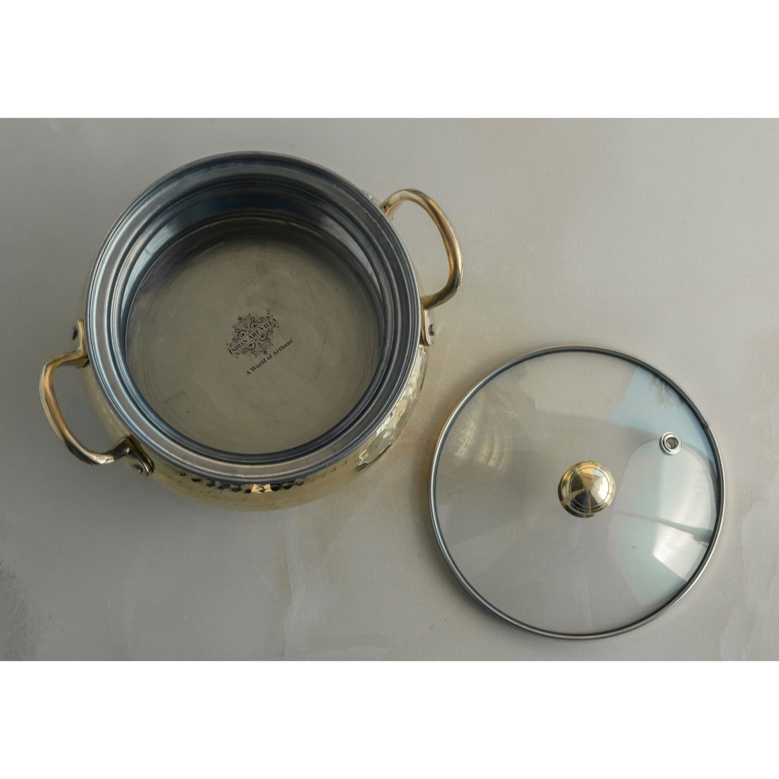 Brass Cooking Pot with Tin Lining and Glass Lid Hammered Design