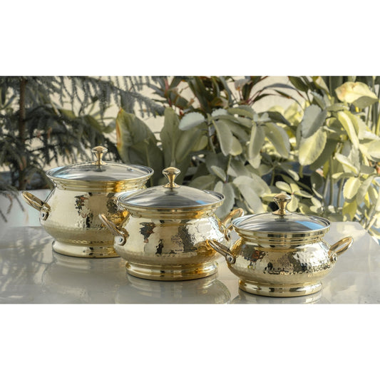 Brass Cooking Pot with Tin Lining and Glass Lid Hammered Design