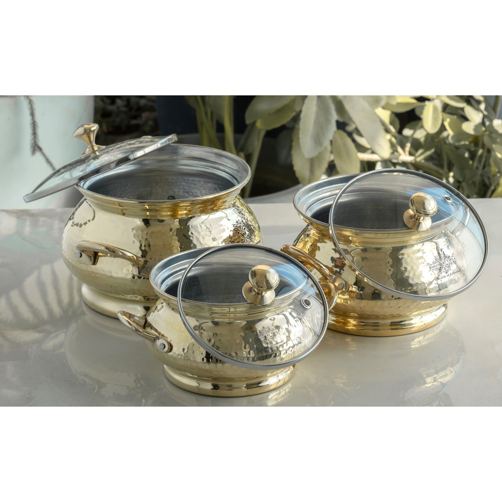 Brass Cooking Pot with Tin Lining and Glass Lid Hammered Design