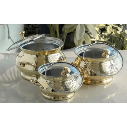 Brass Cooking Pot with Tin Lining and Glass Lid Hammered Design