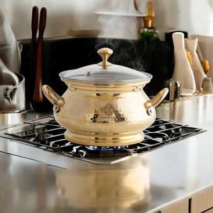 Brass Cooking Pot with Tin Lining and Glass Lid Hammered Design