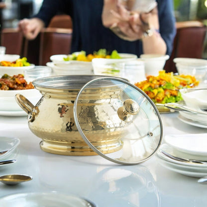 Brass Cooking Pot with Tin Lining and Glass Lid Hammered Design