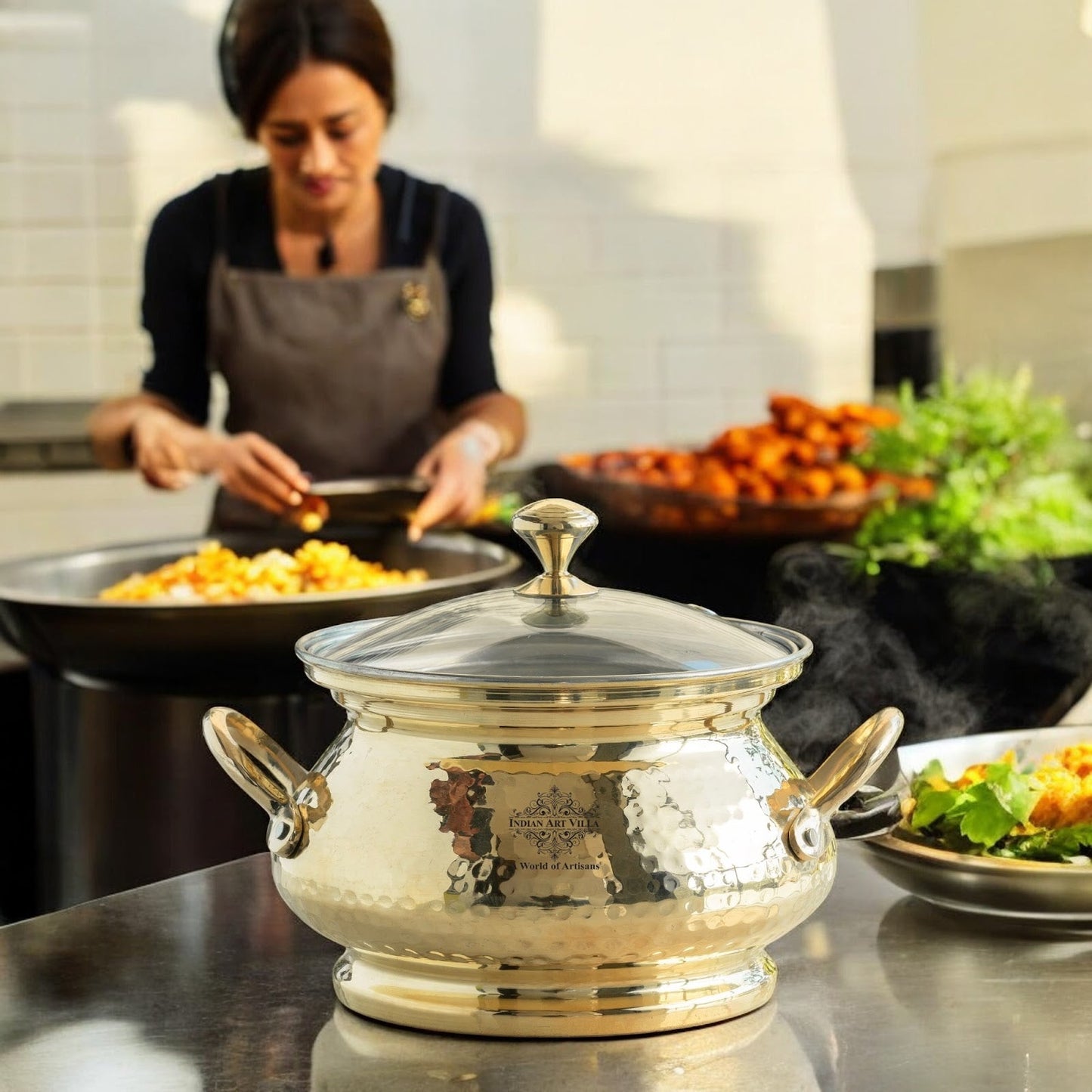 Brass Cooking Pot with Tin Lining and Glass Lid Hammered Design