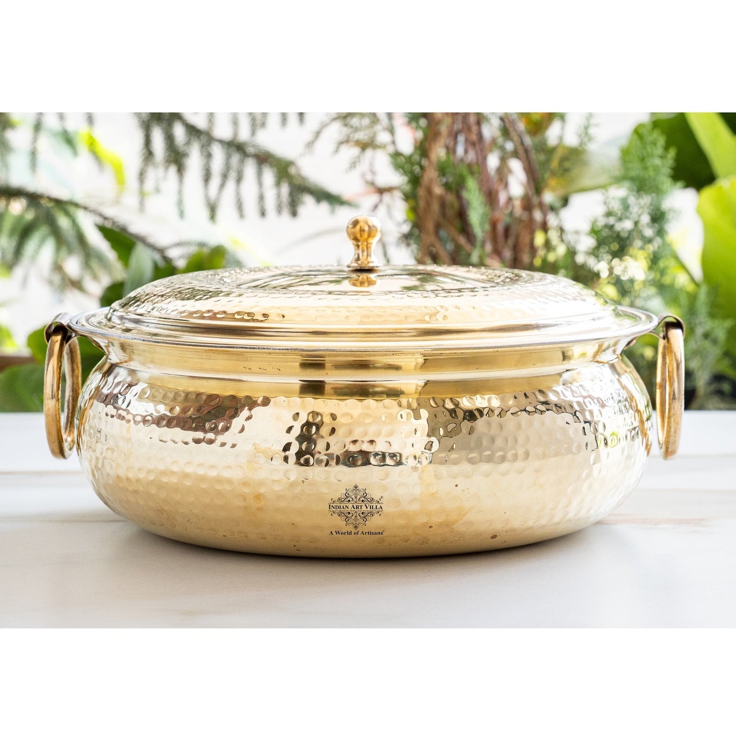 Brass Degchi With Hammered Design, Handle & Inside Tin Lining