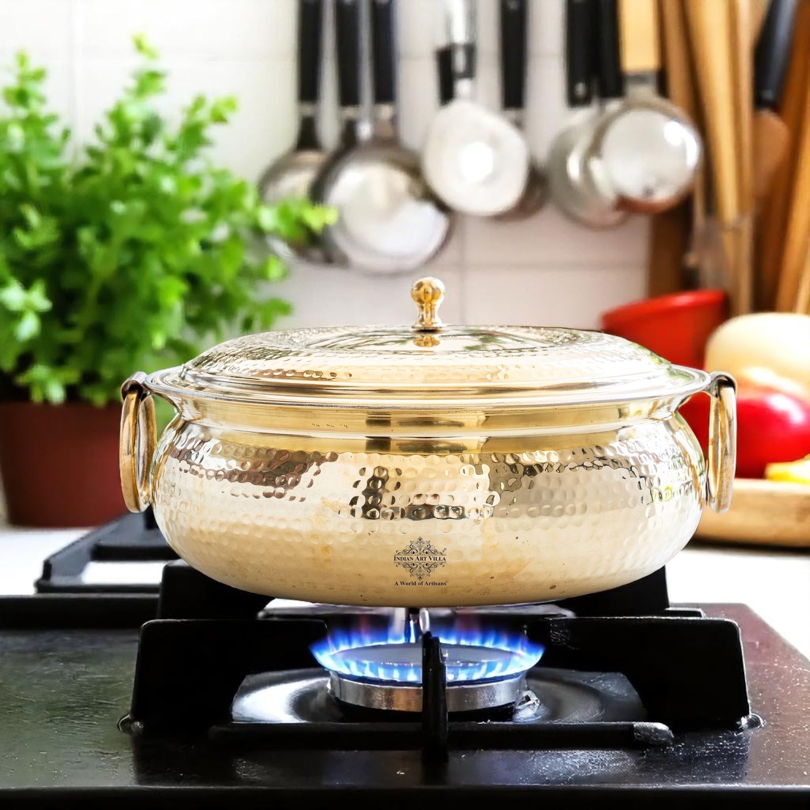 Brass Degchi With Hammered Design, Handle & Inside Tin Lining