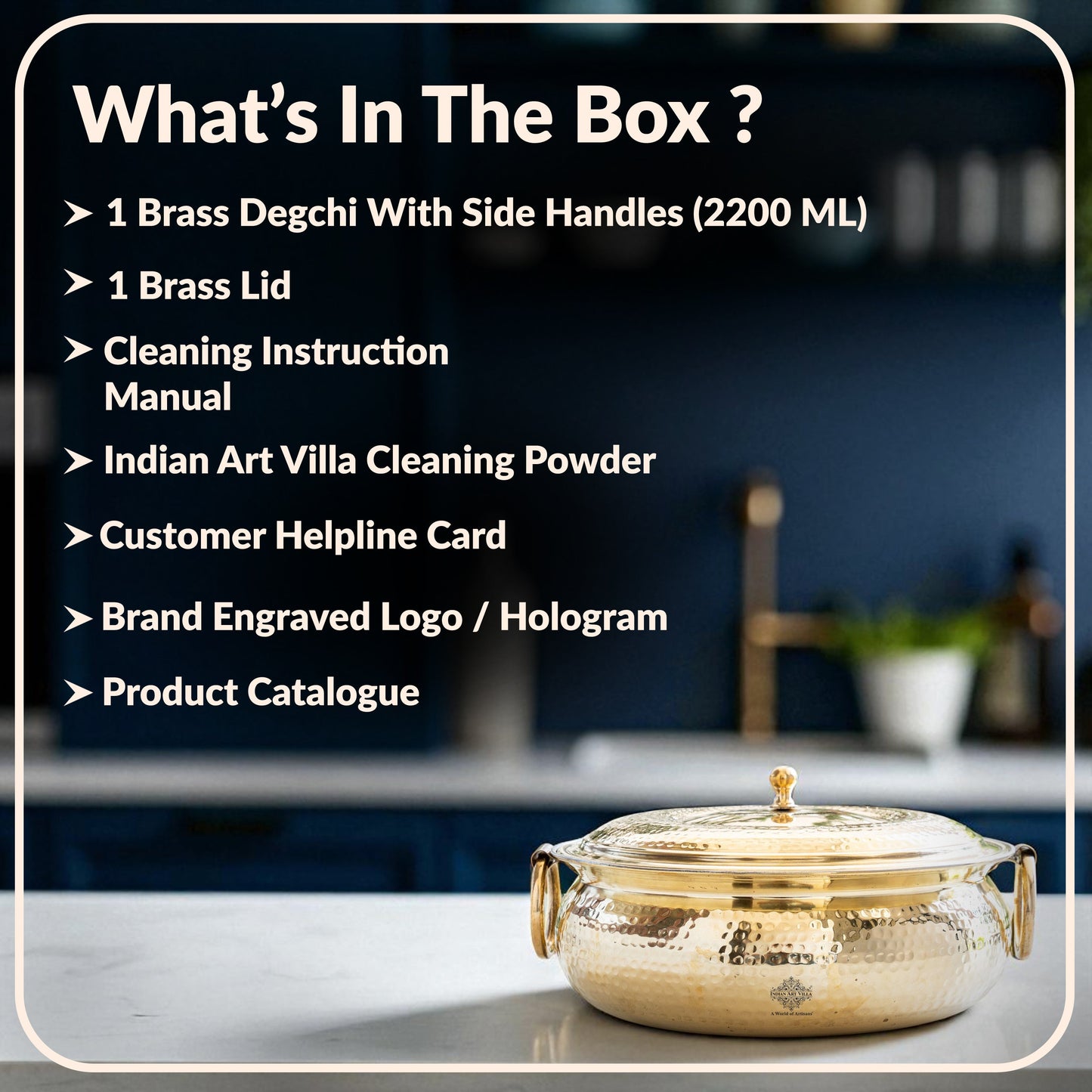 Brass Degchi With Hammered Design, Handle & Inside Tin Lining