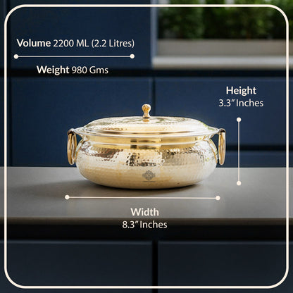 Brass Degchi With Hammered Design, Handle & Inside Tin Lining