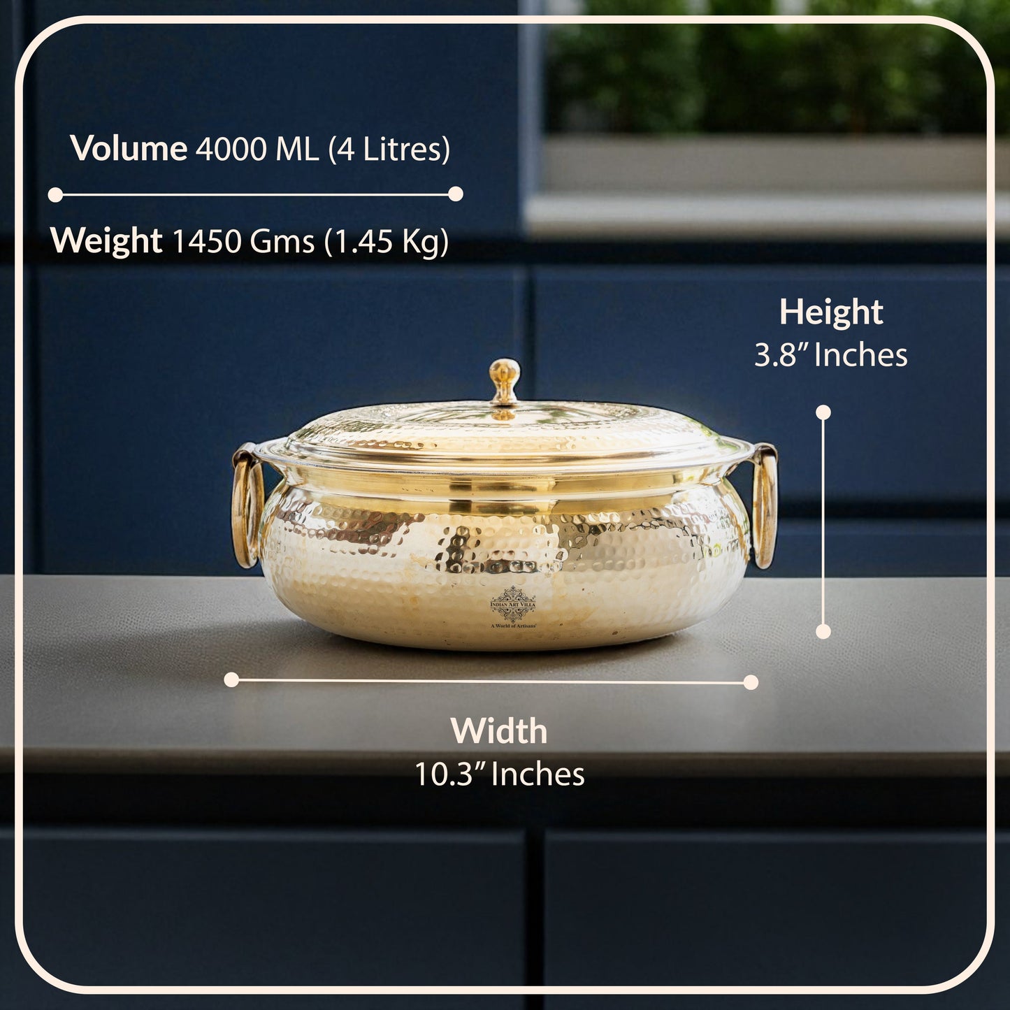 Brass Degchi With Hammered Design, Handle & Inside Tin Lining