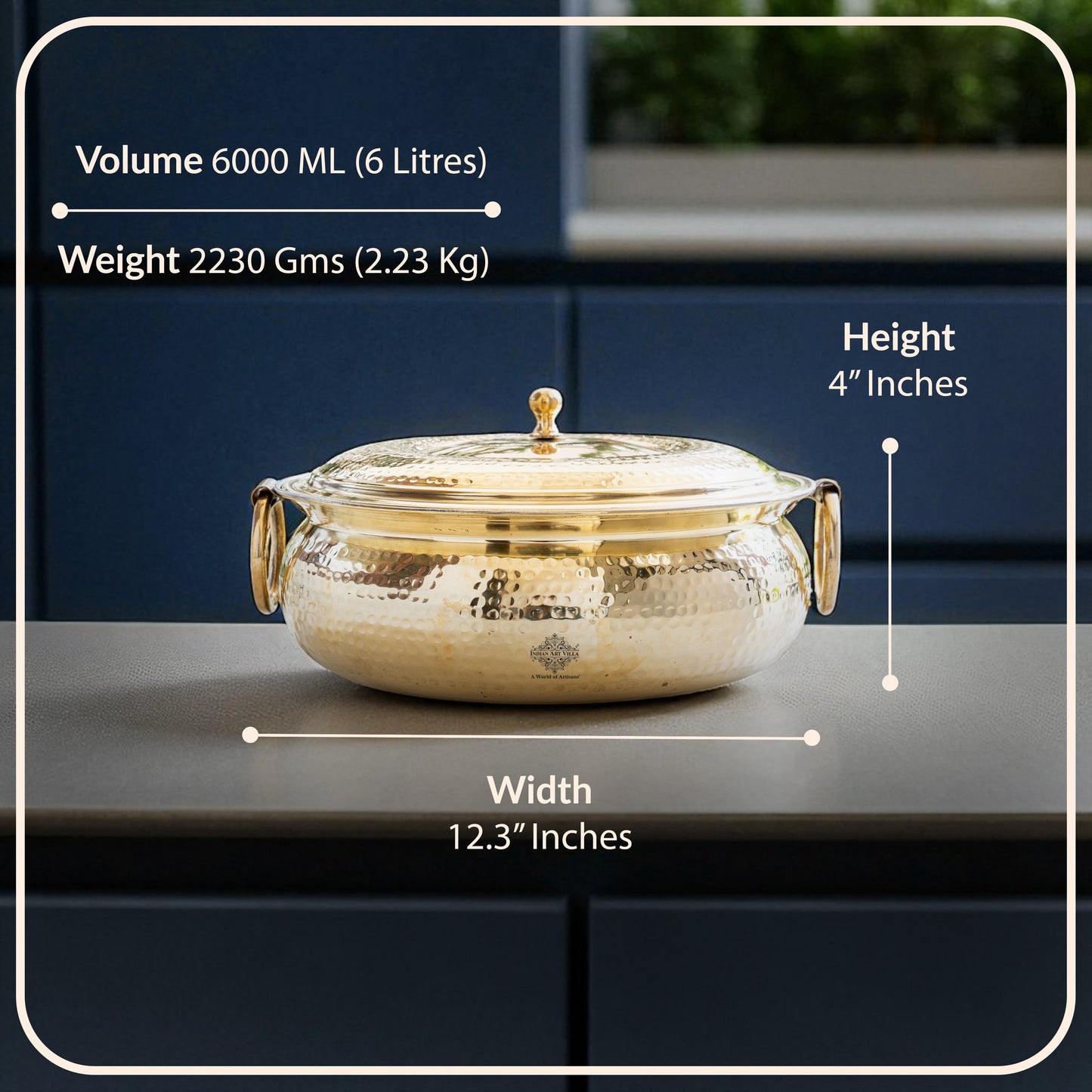 Brass Degchi With Hammered Design, Handle & Inside Tin Lining