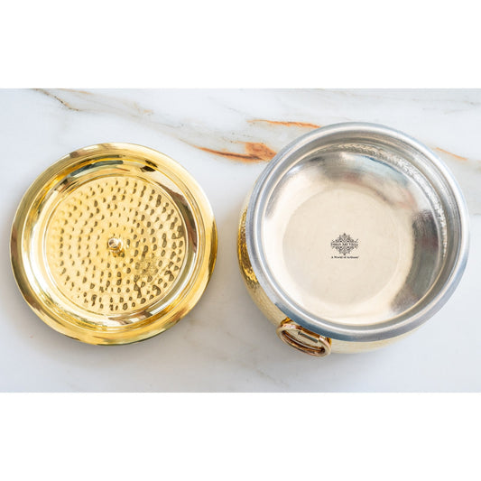Brass Hammered Lagan Handi With Handle With Tin Lining  & Lid Cover