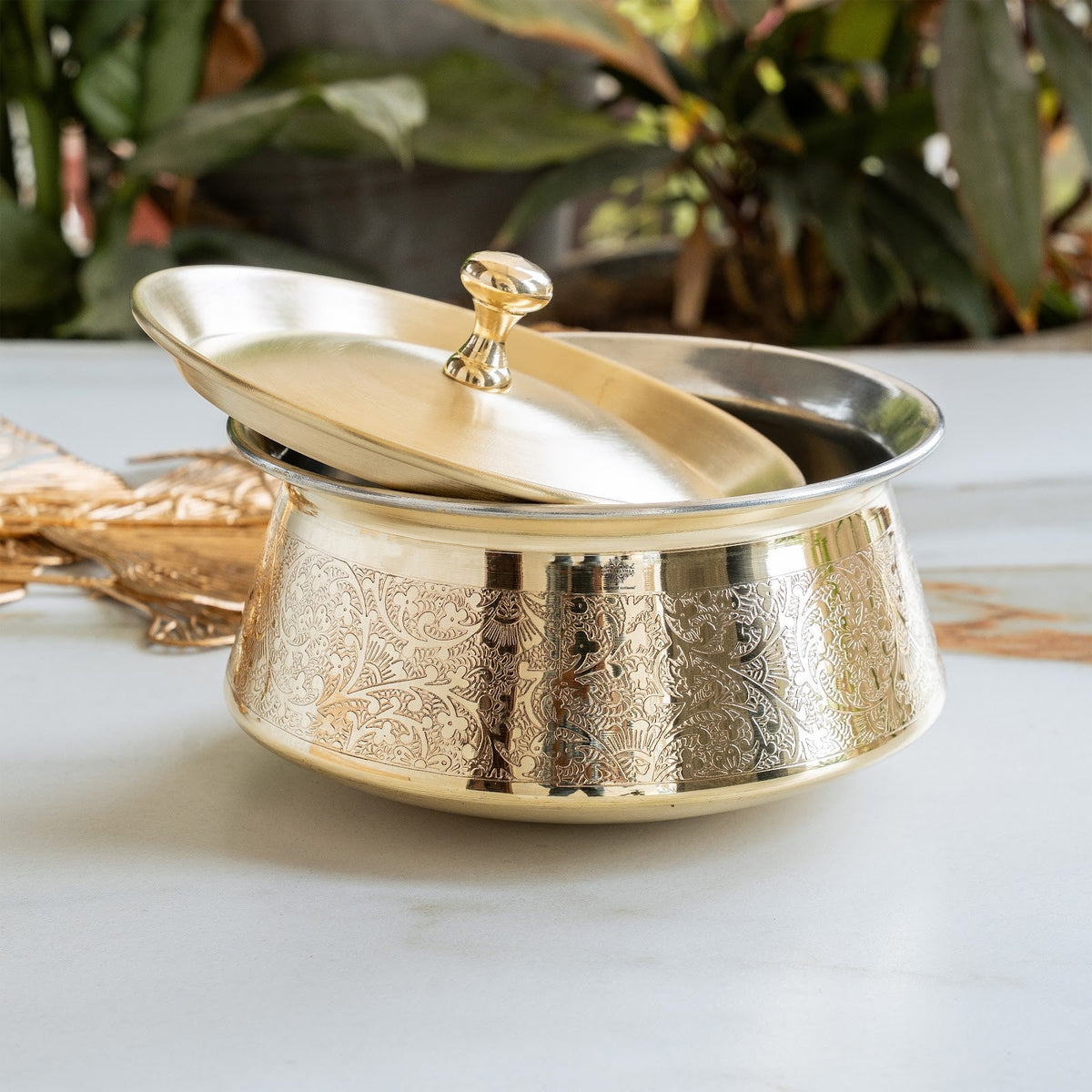 Embossed Design Brass Handi with Lid