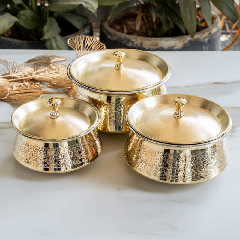 Embossed Design Brass Handi with Lid