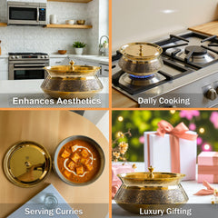 Pure Brass Handi with Lid - Embossed Floral Design Cookware
