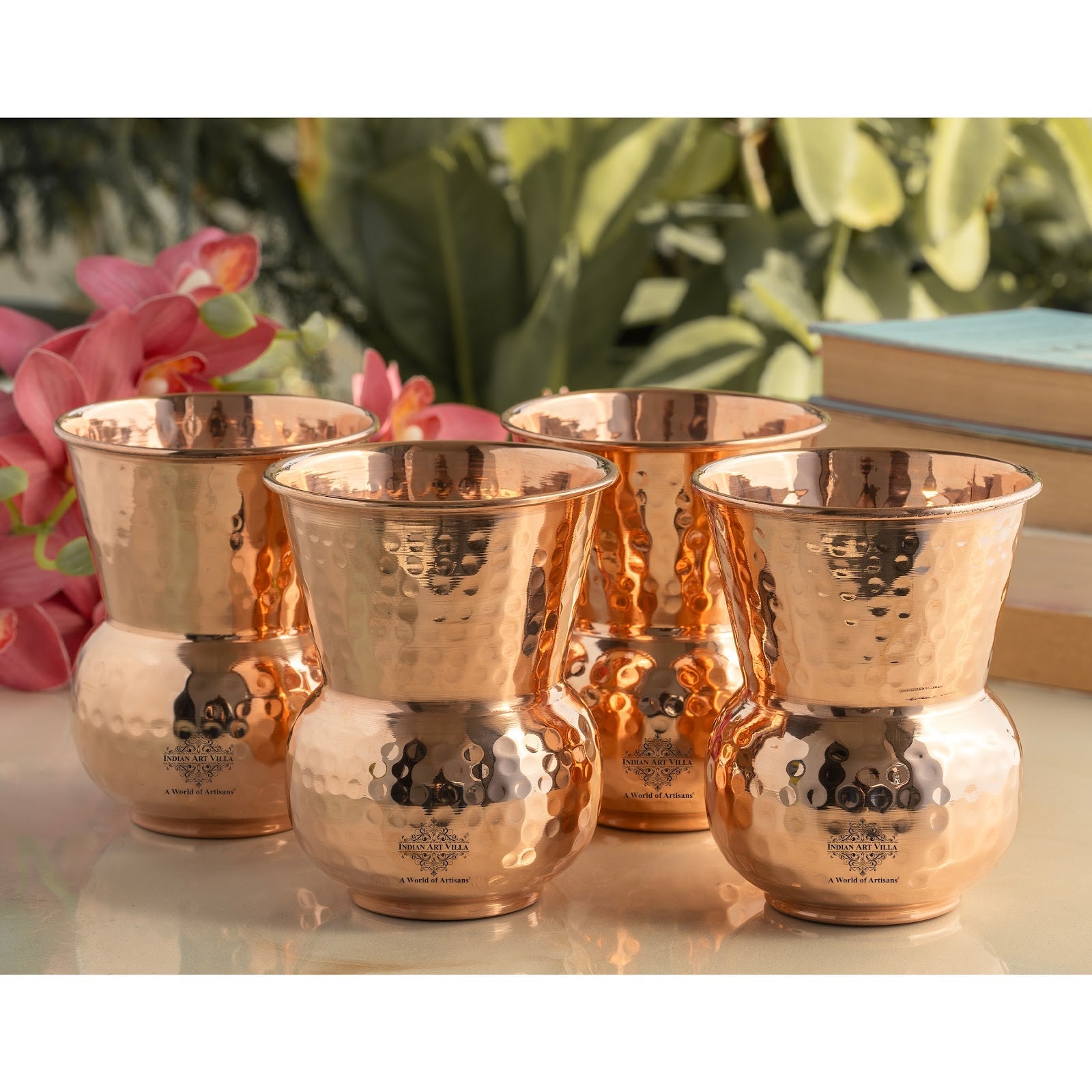 Pure Copper Round Shaped Glass with Hammered Design, 300ml