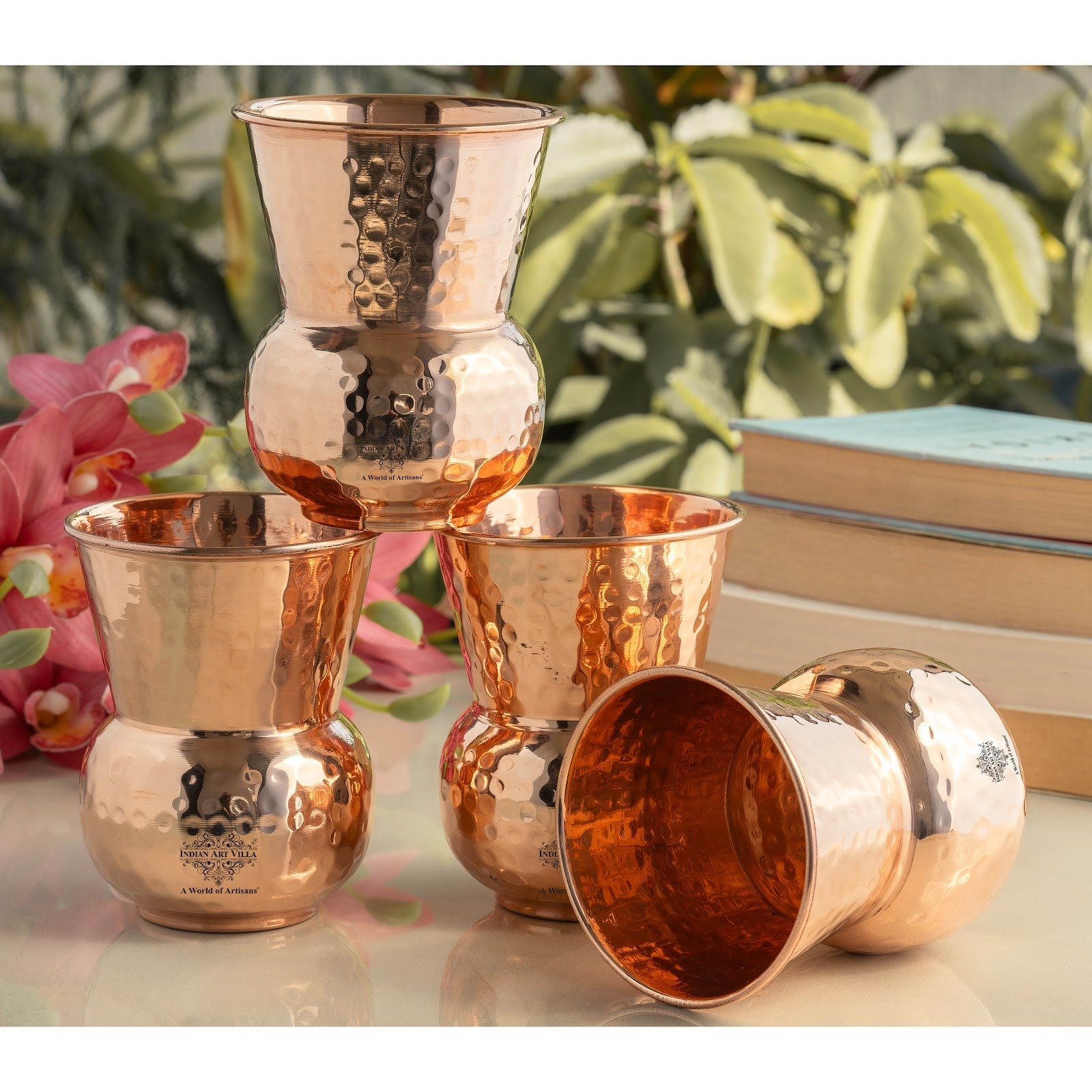 Pure Copper Round Shaped Glass with Hammered Design, 300ml