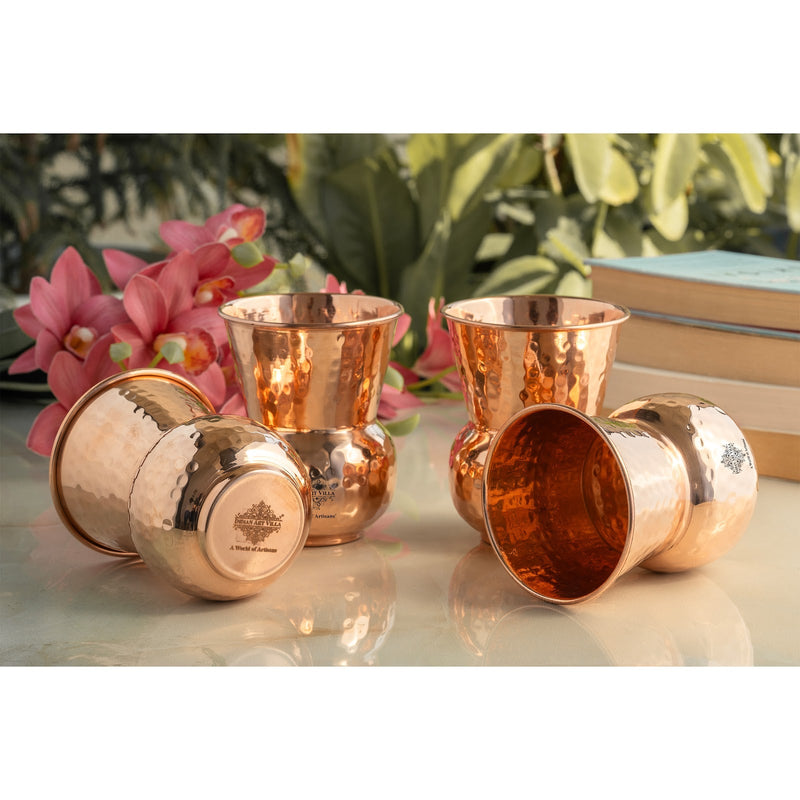 Pure Copper Round Shaped Glass with Hammered Design, 300ml
