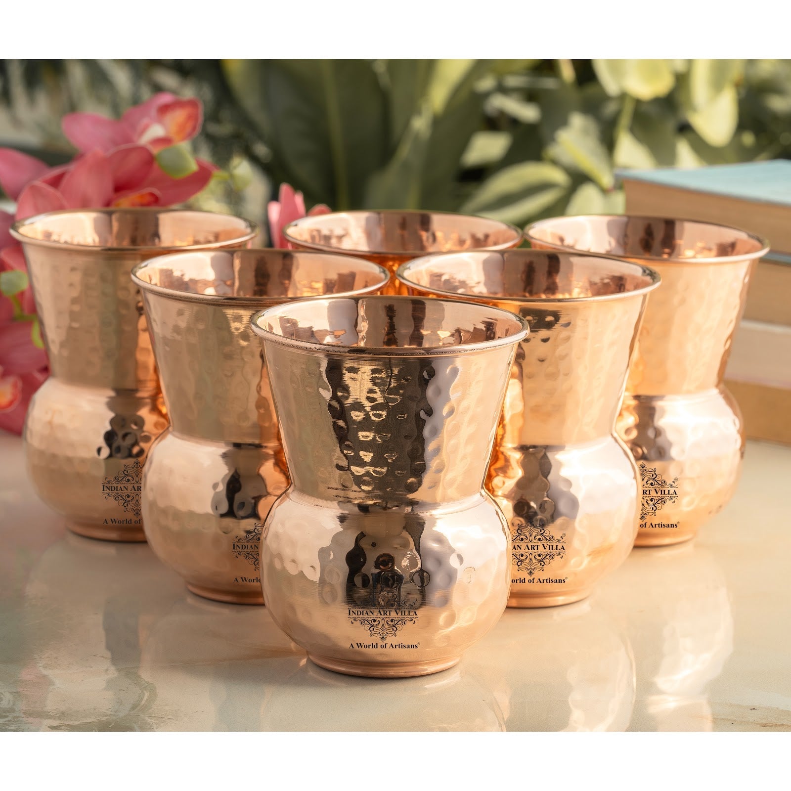 Pure Copper Round Shaped Glass with Hammered Design, 300ml