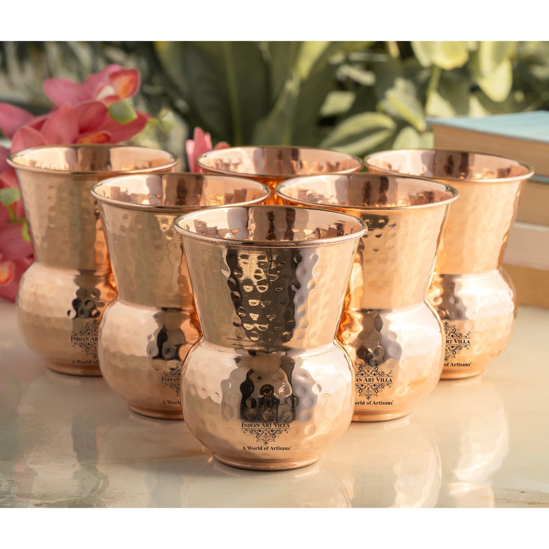 Pure Copper Round Shaped Glass with Hammered Design, 300ml
