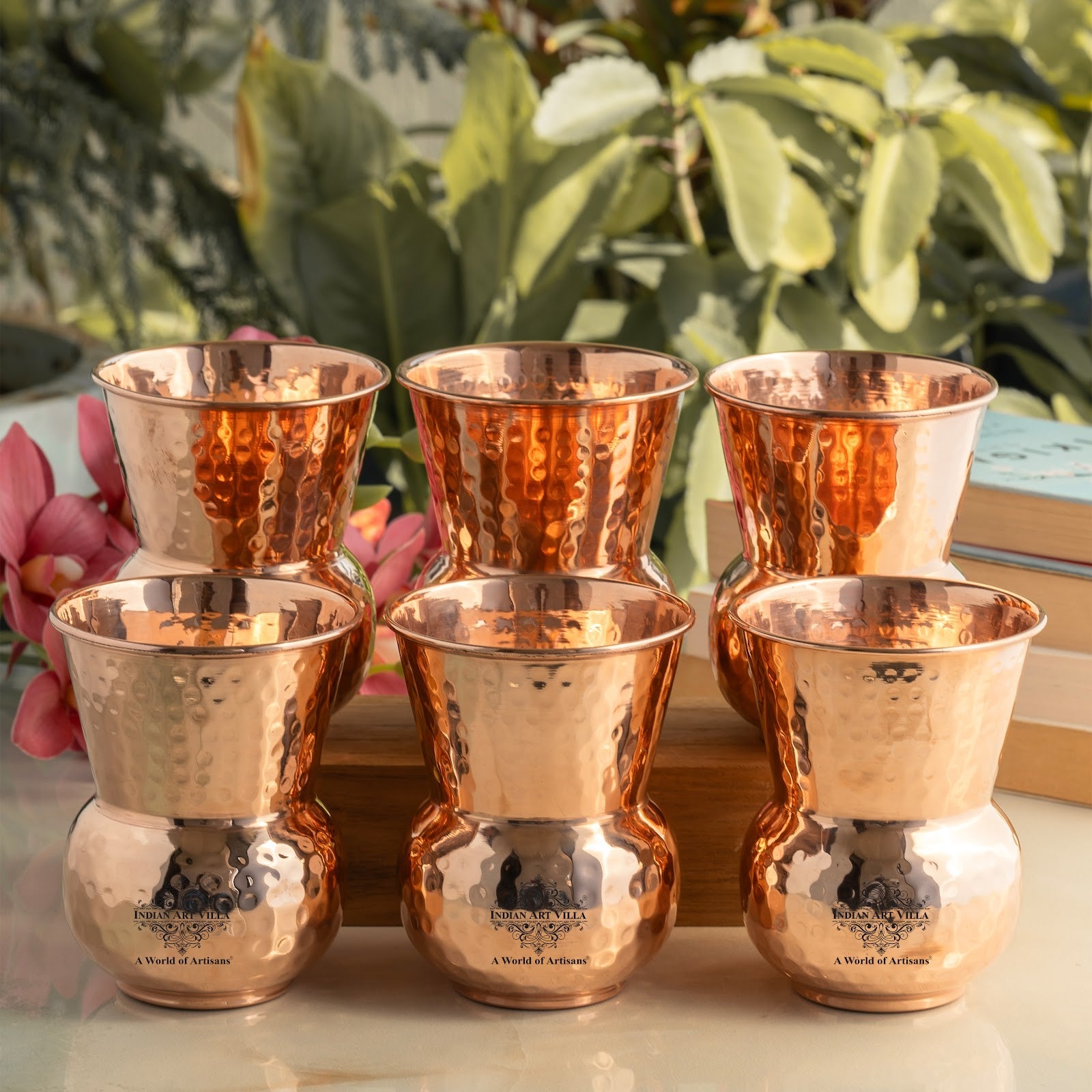 Pure Copper Round Shaped Glass with Hammered Design, 300ml