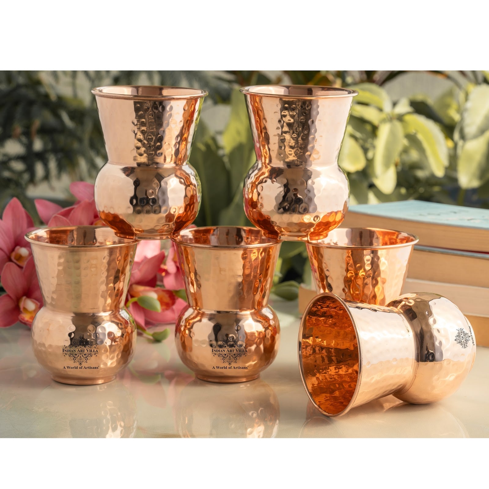 Pure Copper Round Shaped Glass with Hammered Design, 300ml