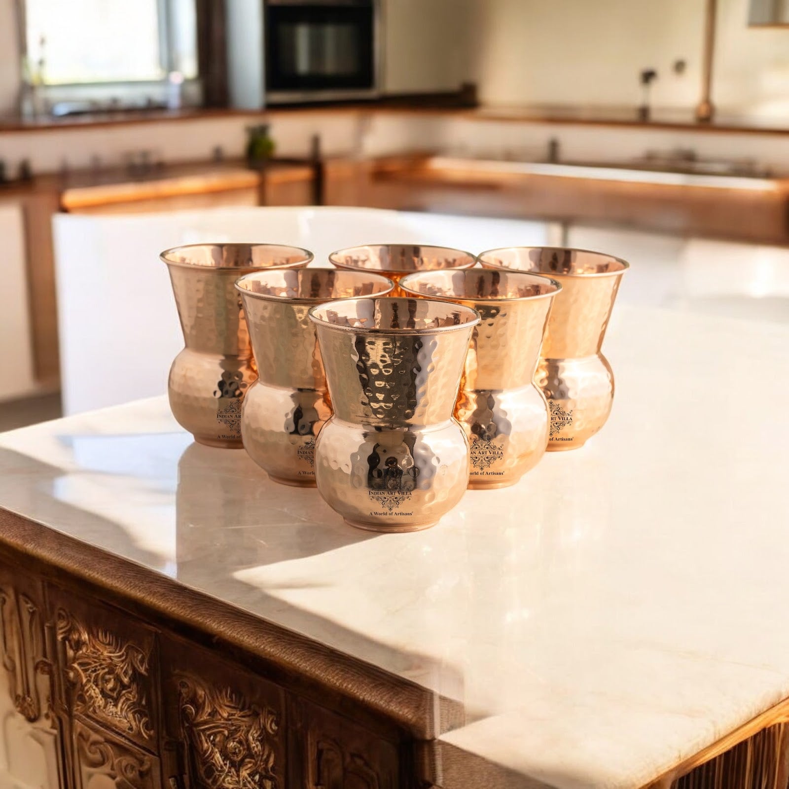 Pure Copper Round Shaped Glass with Hammered Design, 300ml
