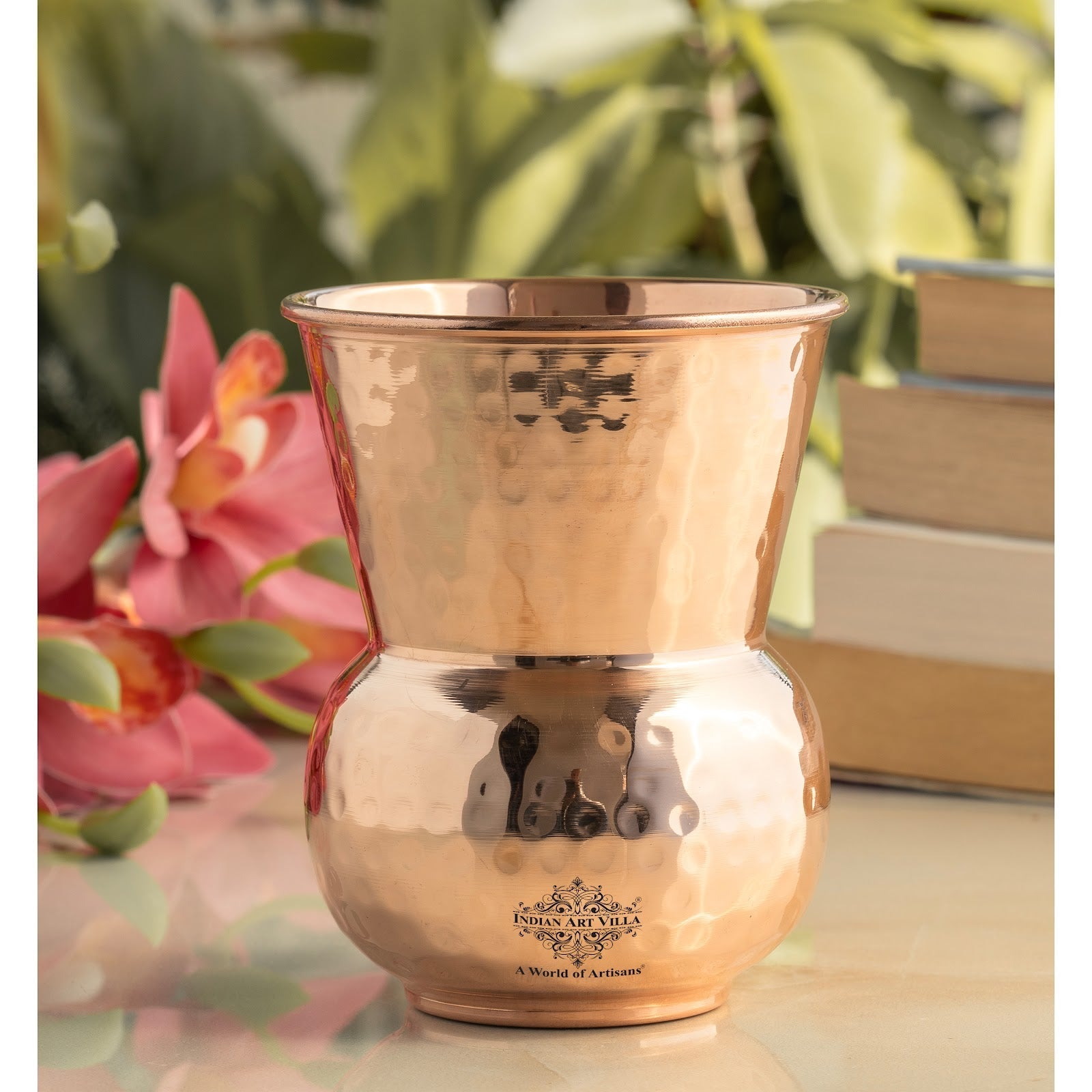 Pure Copper Round Shaped Glass with Hammered Design, 300ml