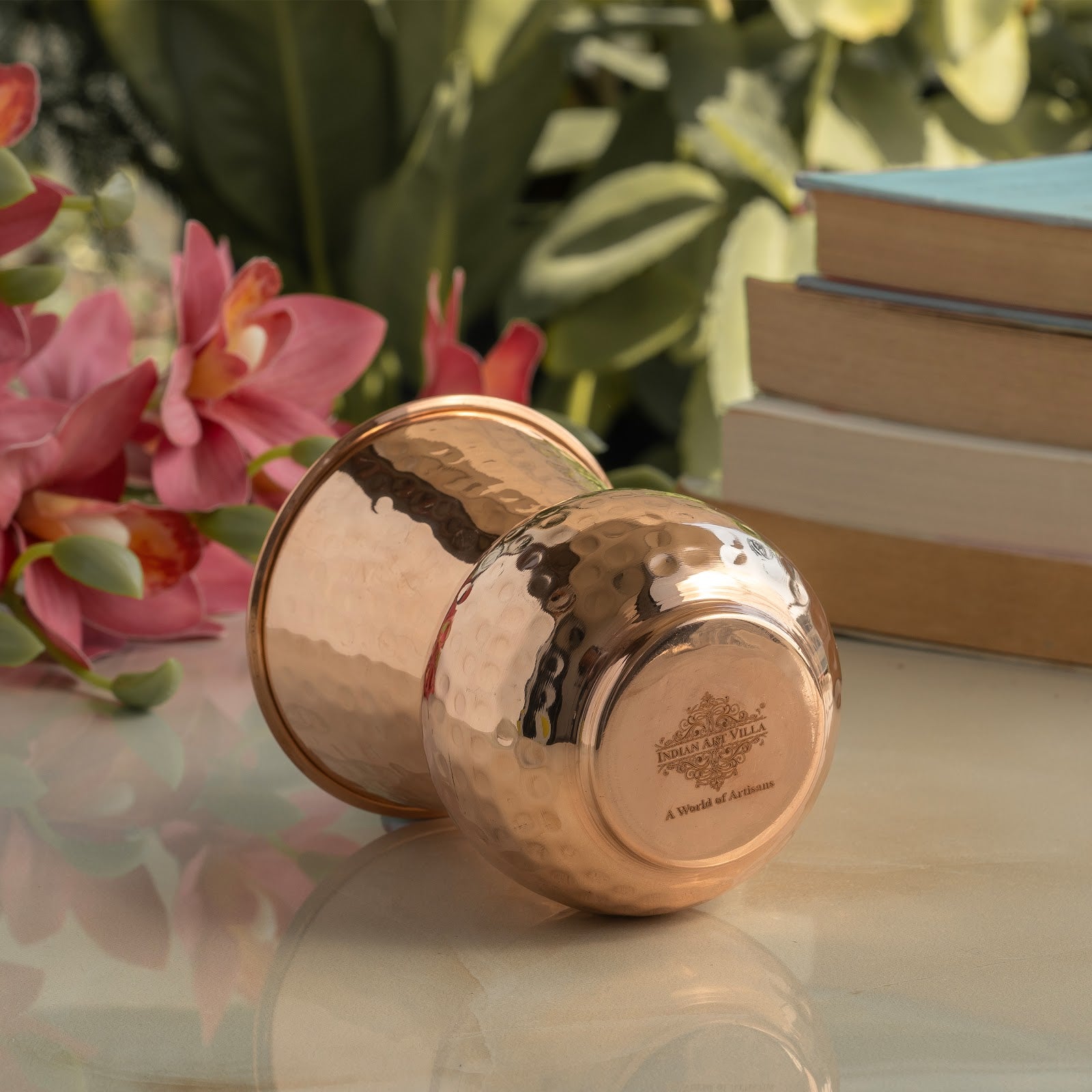 Pure Copper Round Shaped Glass with Hammered Design, 300ml