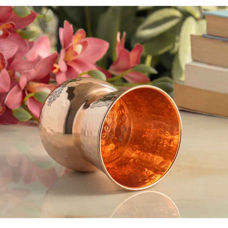 Pure Copper Round Shaped Glass with Hammered Design, 300ml