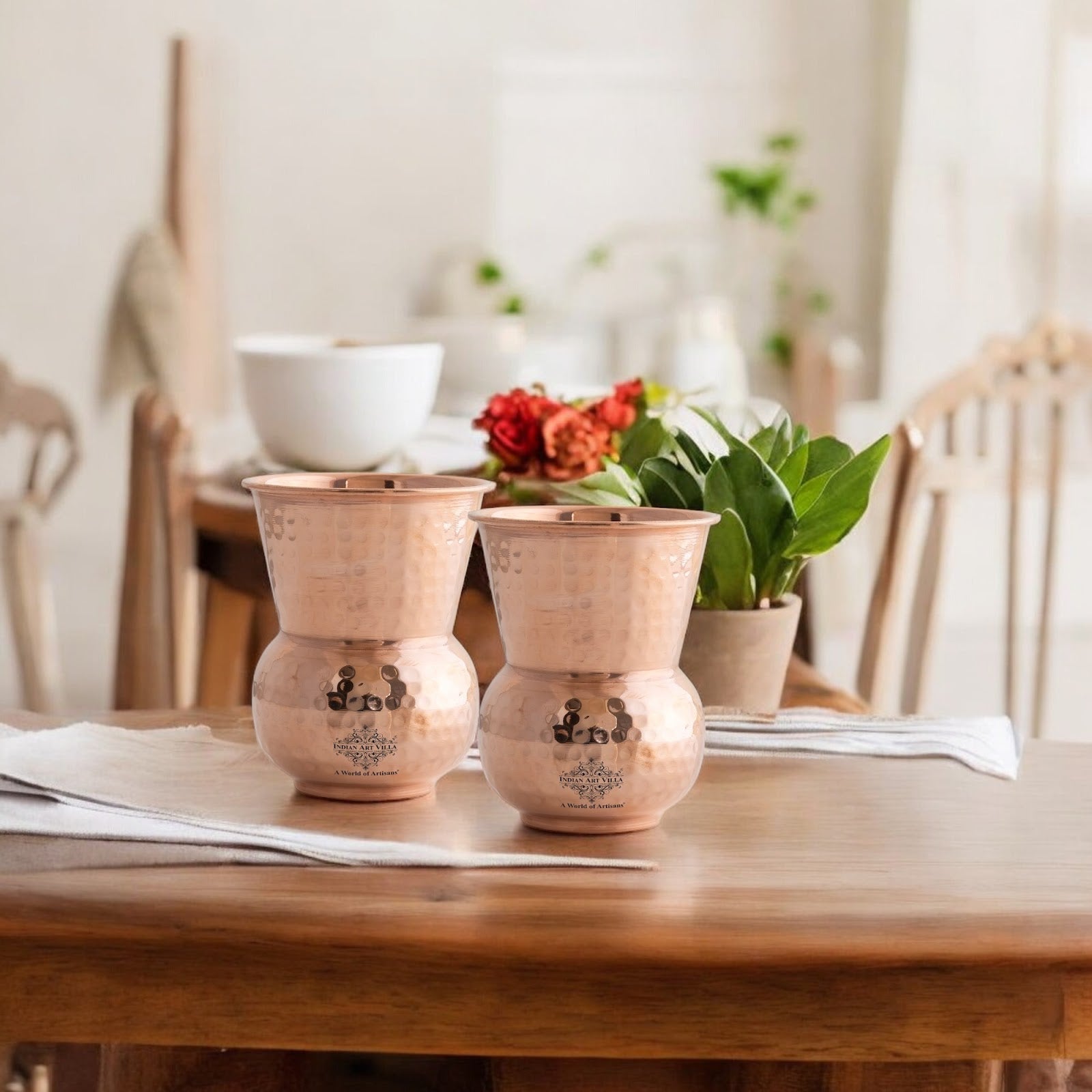 Pure Copper Round Shaped Glass with Hammered Design, 300ml