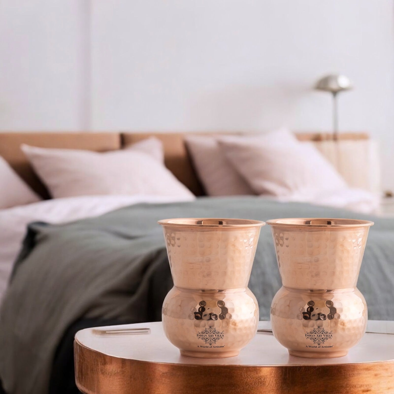 Pure Copper Round Shaped Glass with Hammered Design, 300ml
