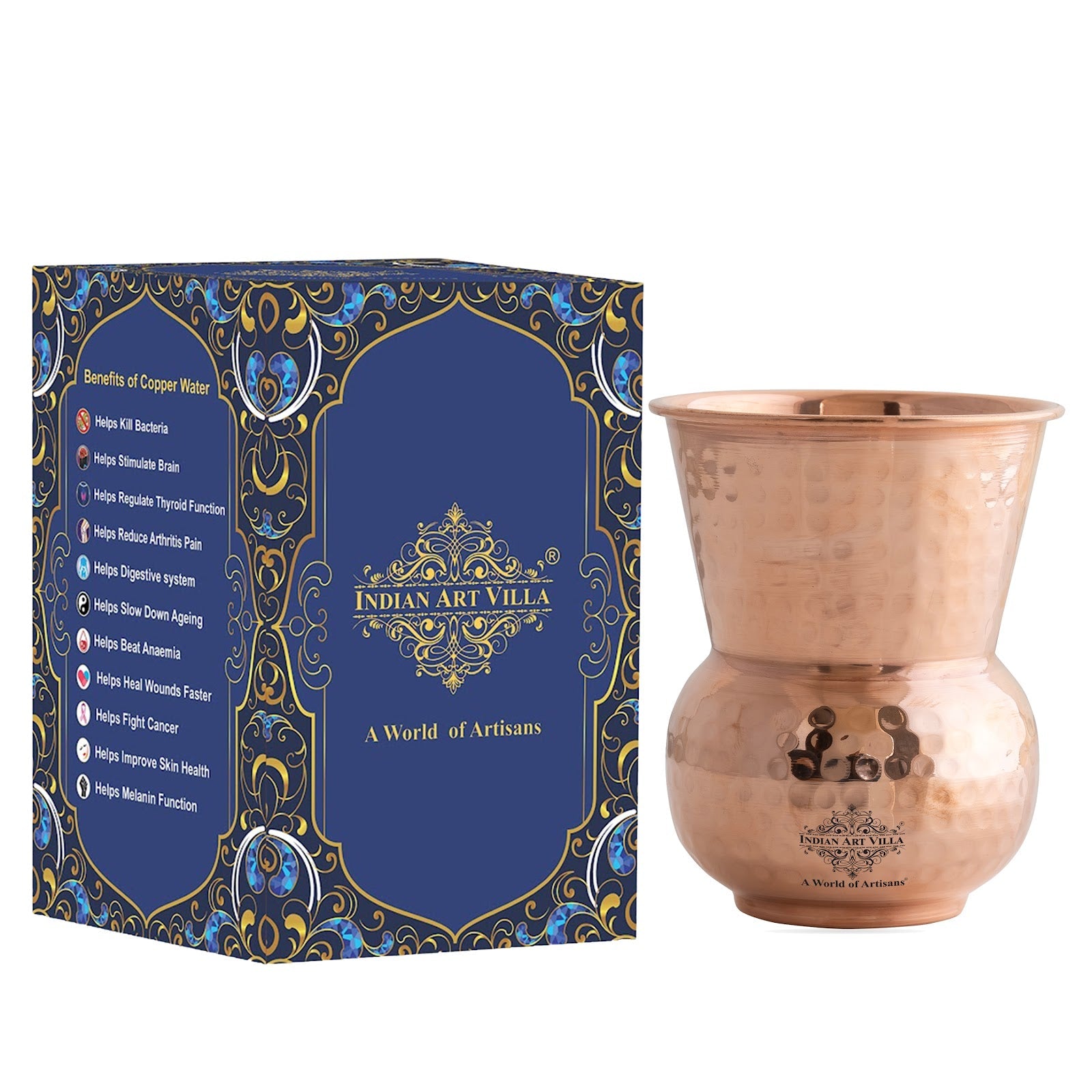 Pure Copper Round Shaped Glass with Hammered Design, 300ml