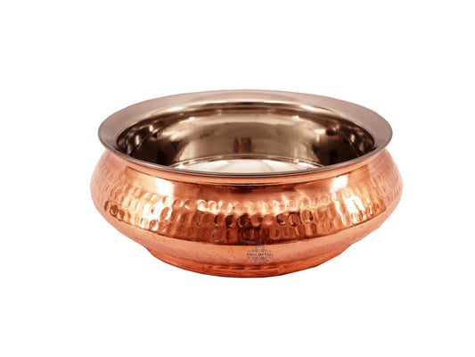 Handcrafted Pure Steel Copper Mughlayi Handi with Hammered Design, Serveware, Tableware