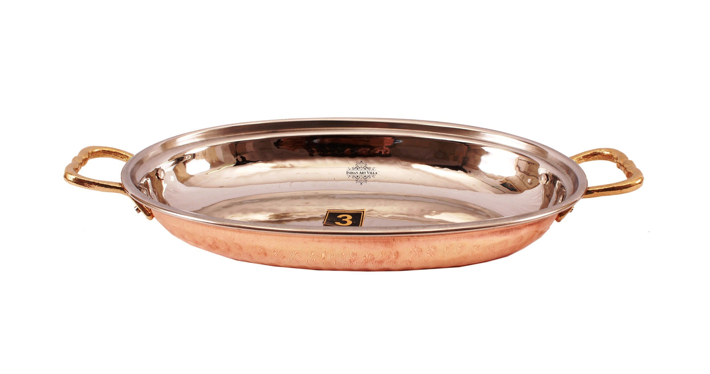 Steel Copper Dish Serving Oval Platter with Brass Handle