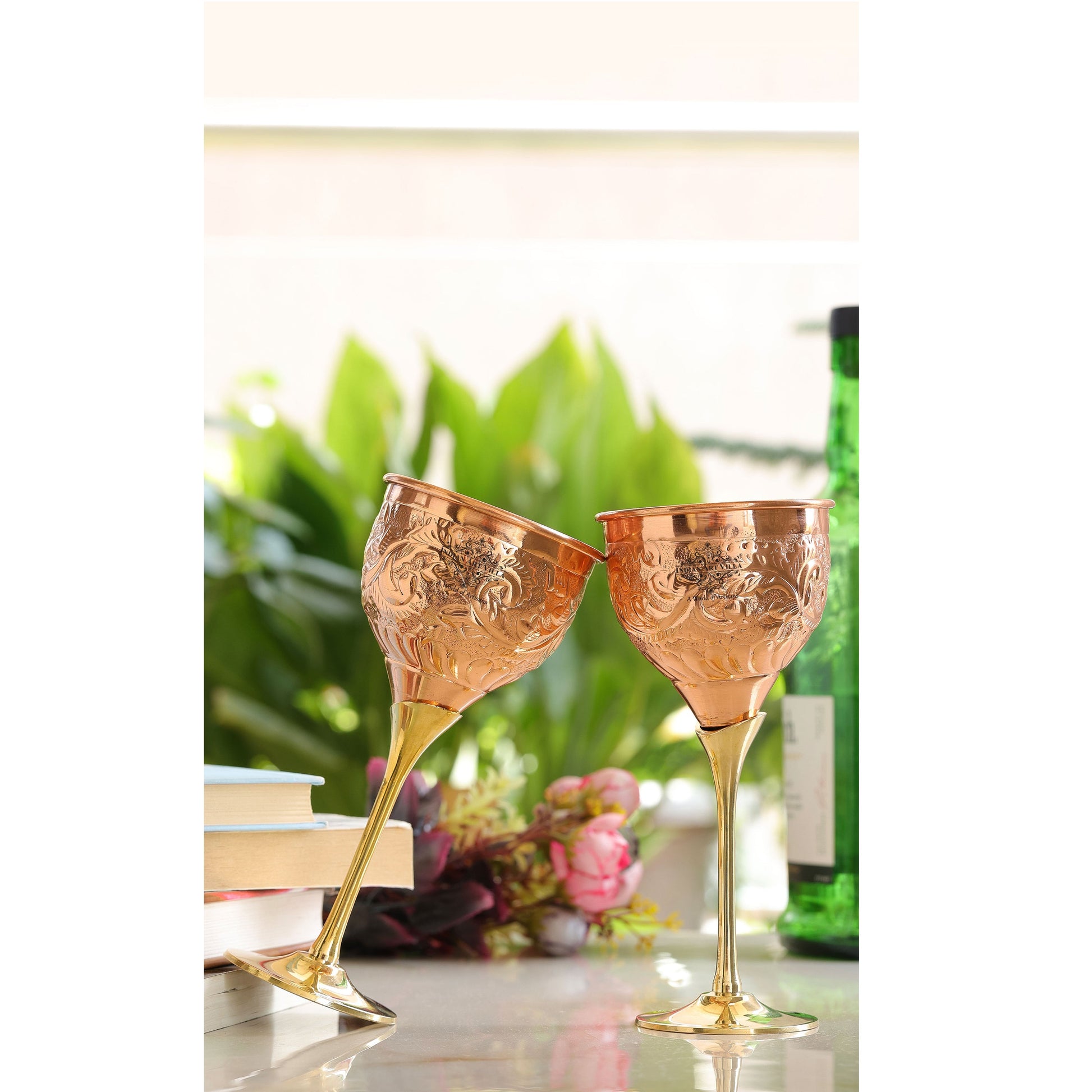 Handcrafted Pure Copper Wine Glass with Brass Stand, Embossed Design