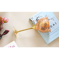 Handcrafted Pure Copper Wine Glass with Brass Stand, Embossed Design