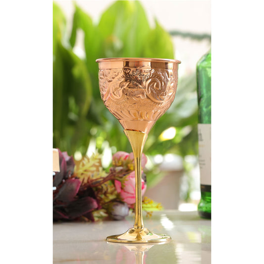 Handcrafted Pure Copper Wine Glass with Brass Stand, Embossed Design