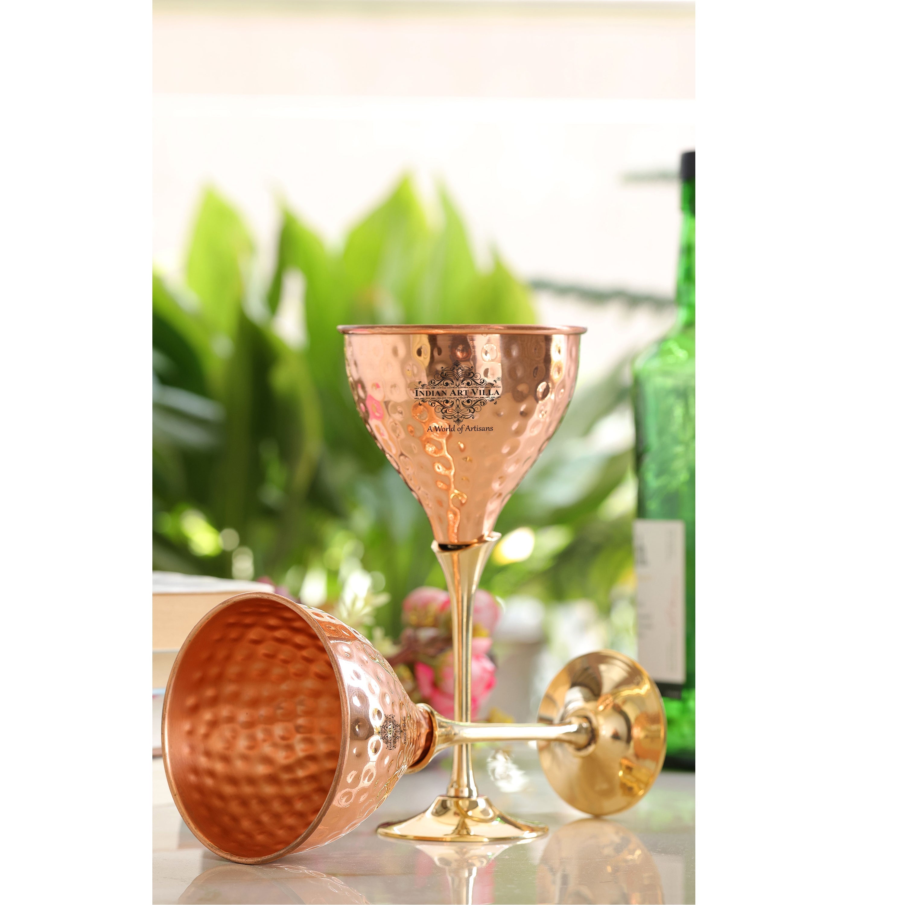 Pure Copper Hammered Design Wine Glass with Brass Stand