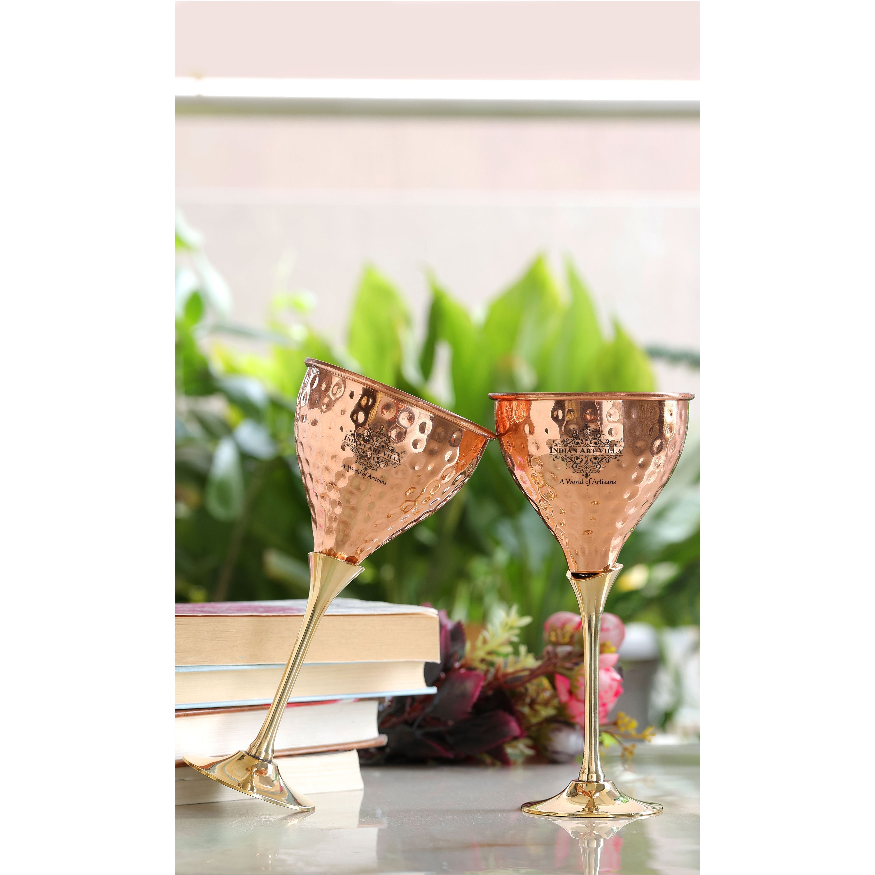 Pure Copper Hammered Design Wine Glass with Brass Stand