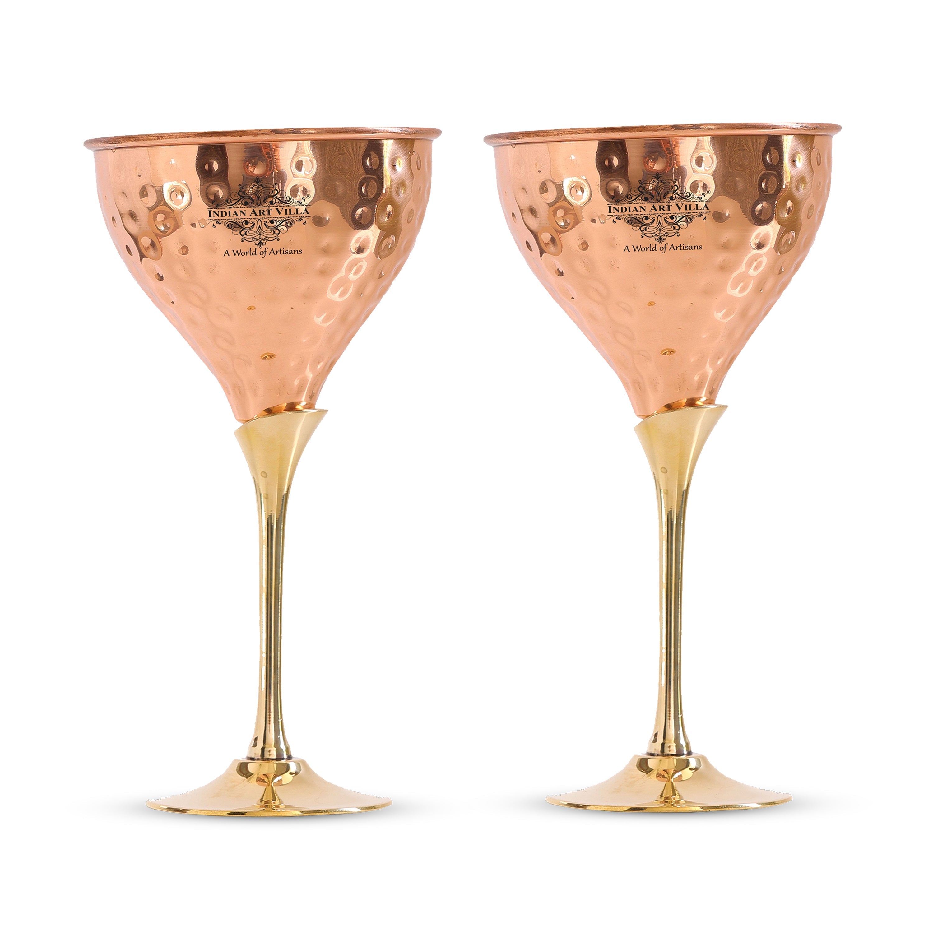 Pure Copper Hammered Design Wine Glass with Brass Stand