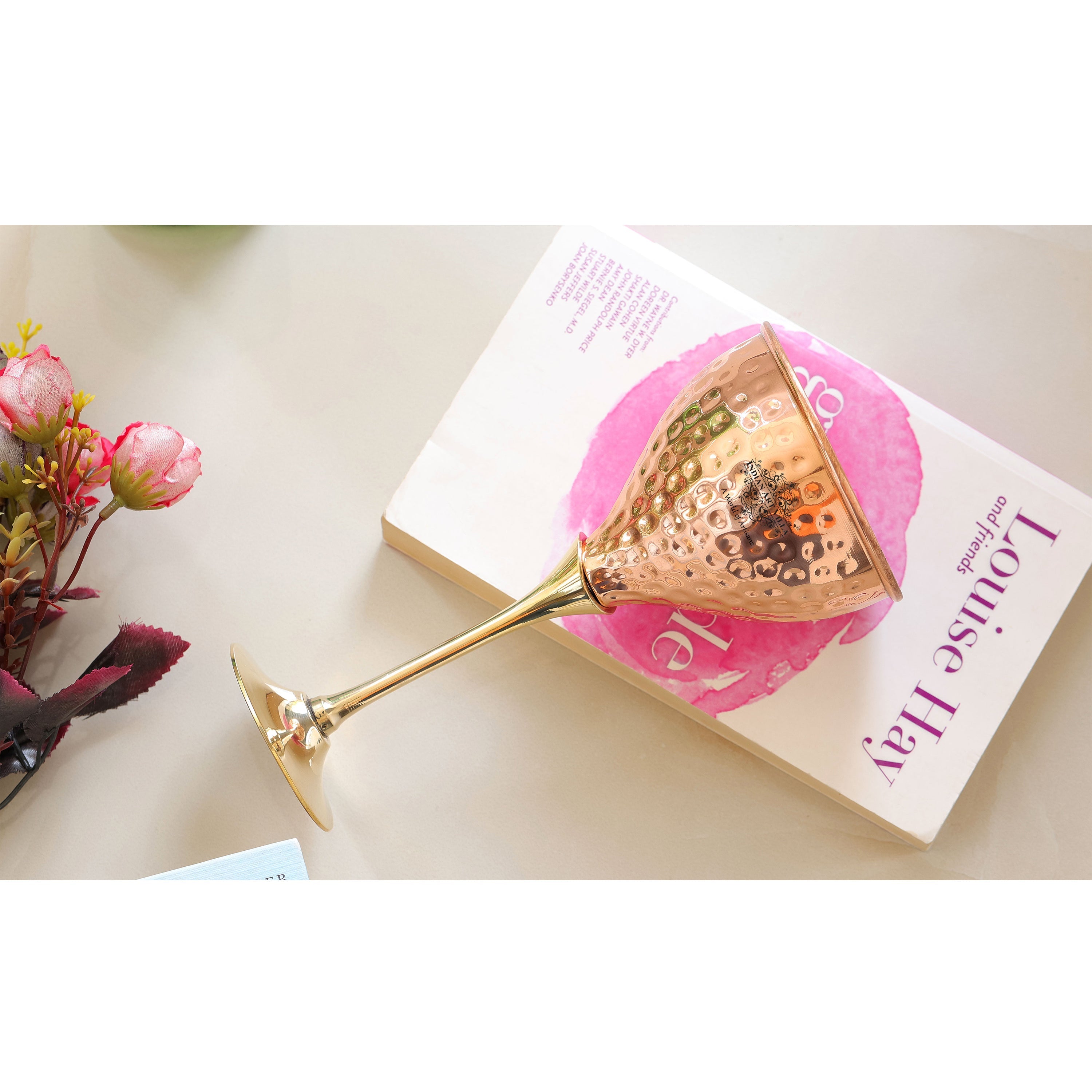 Pure Copper Hammered Design Wine Glass with Brass Stand