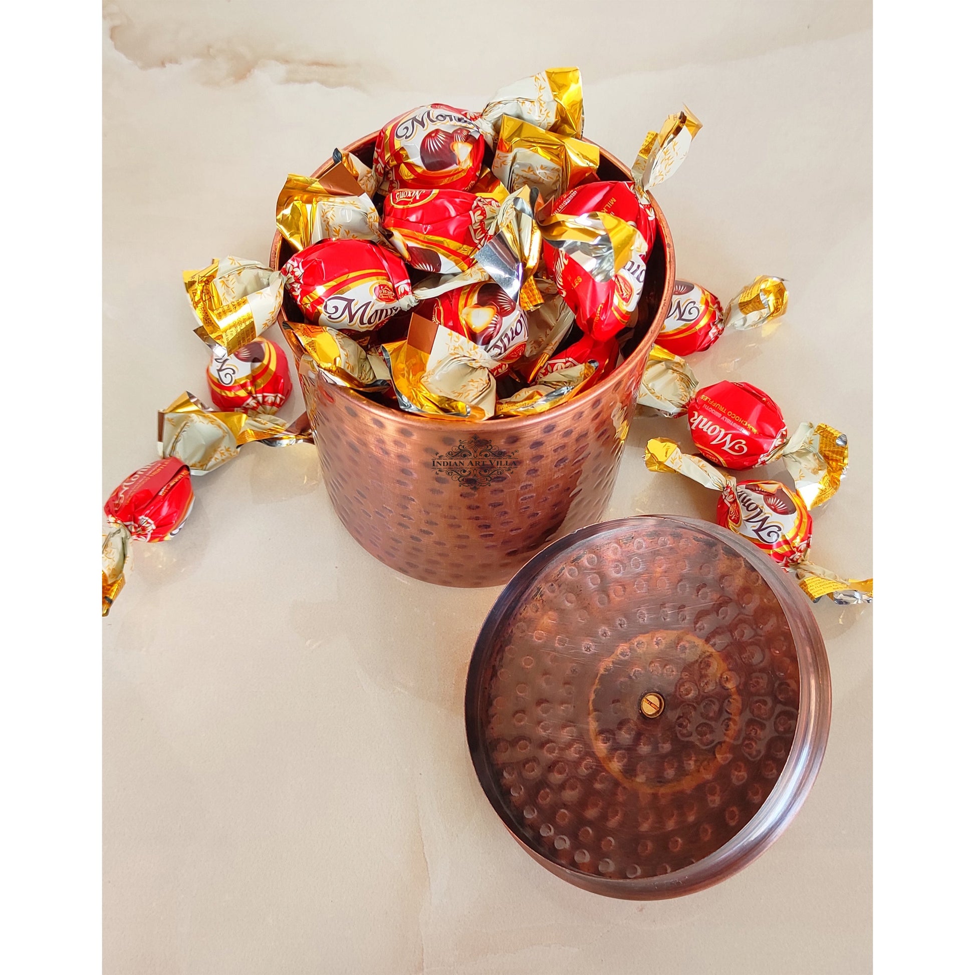 Pure Copper Hammered Design Storage Box/Container With Brass Knob On Top