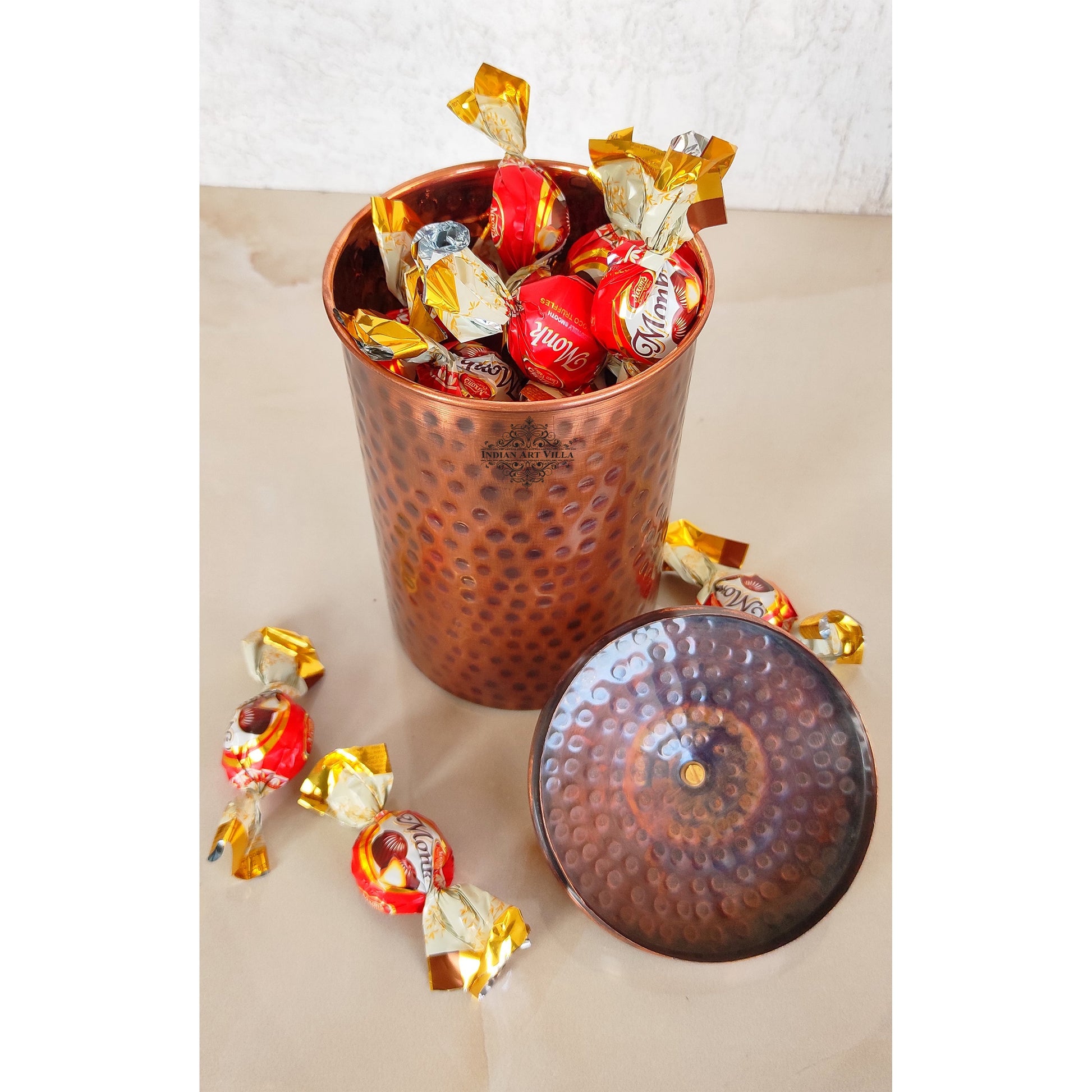 Pure Copper Hammered Design Storage Box/Container With Brass Knob On Top