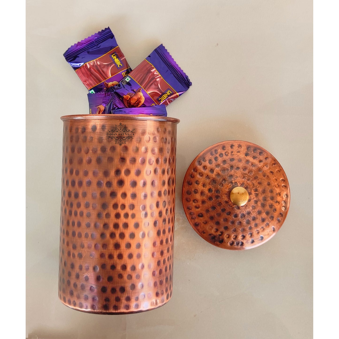 Pure Copper Hammered Design Storage Box/Container With Brass Knob On Top