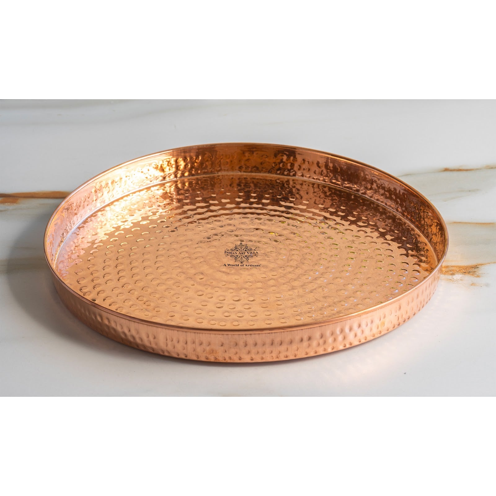 Pure Copper Hammered Thali – 33 cm Traditional Serving Plate for Festive Dining, Puja Rituals, and Gifting