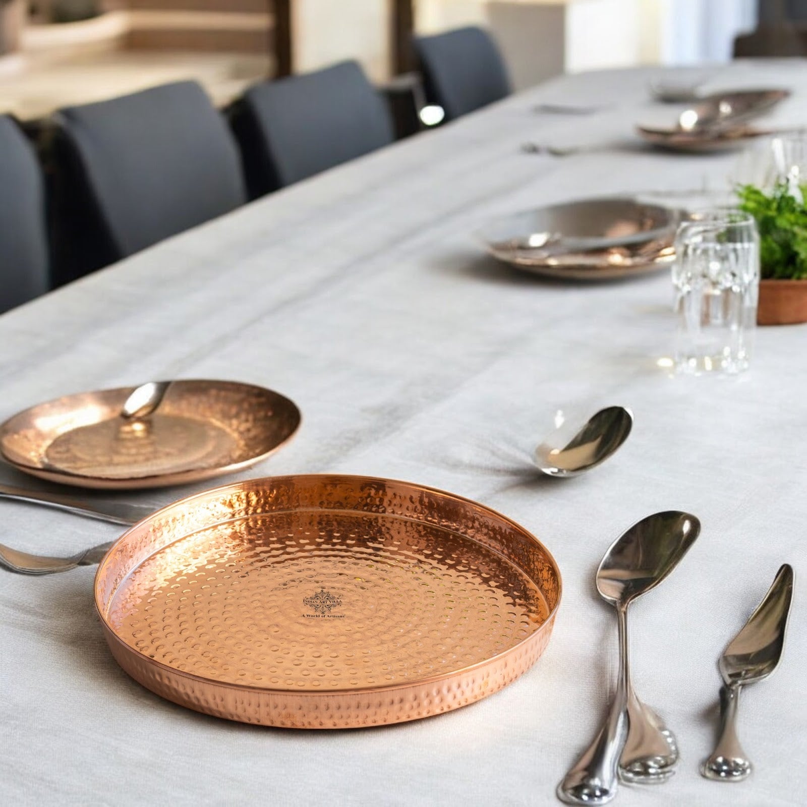 Pure Copper Hammered Thali – 33 cm Traditional Serving Plate for Festive Dining, Puja Rituals, and Gifting