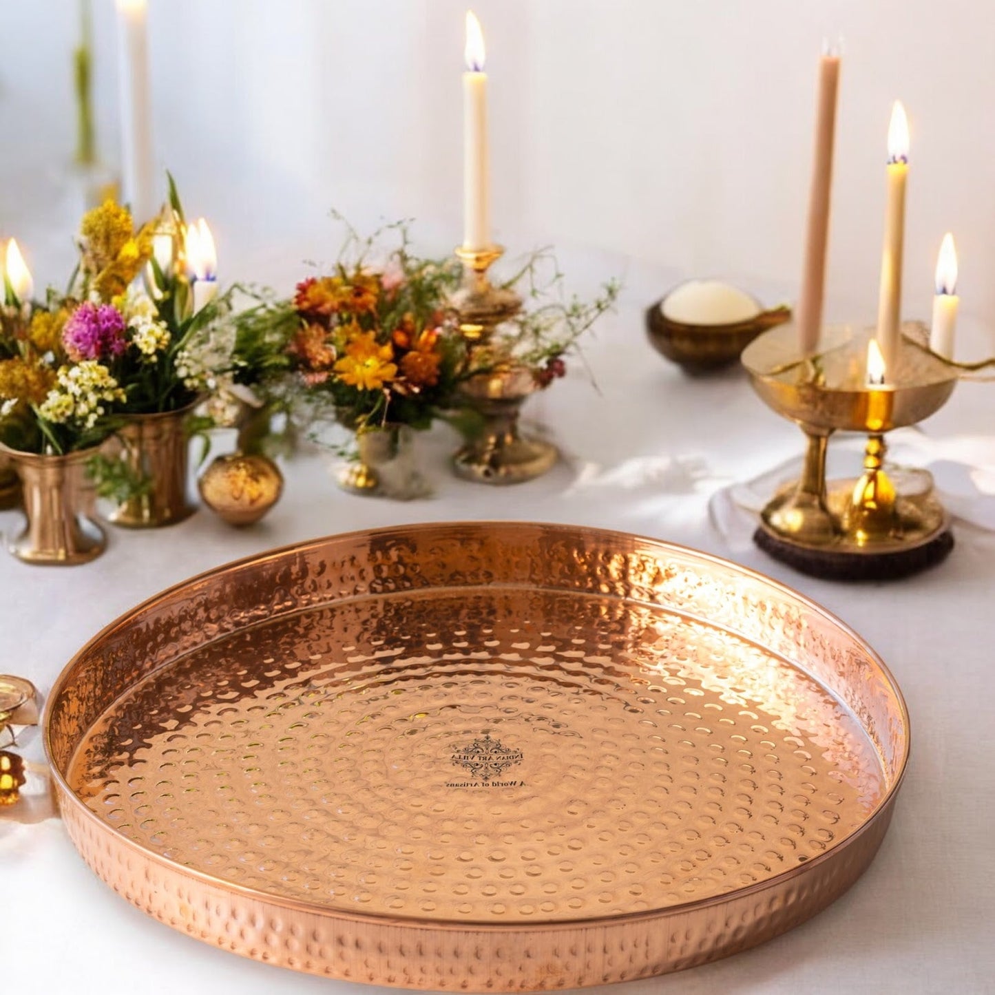Pure Copper Hammered Thali – 33 cm Traditional Serving Plate for Festive Dining, Puja Rituals, and Gifting