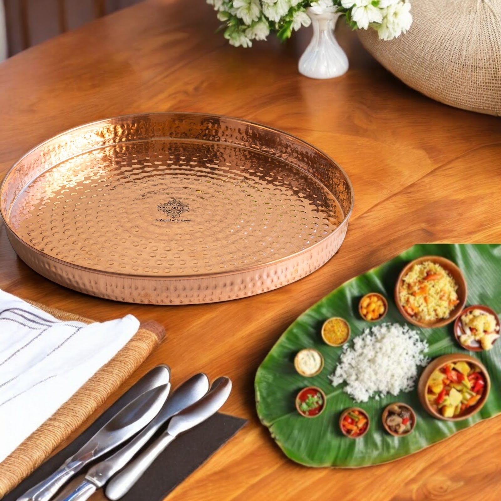Pure Copper Hammered Thali – 33 cm Traditional Serving Plate for Festive Dining, Puja Rituals, and Gifting