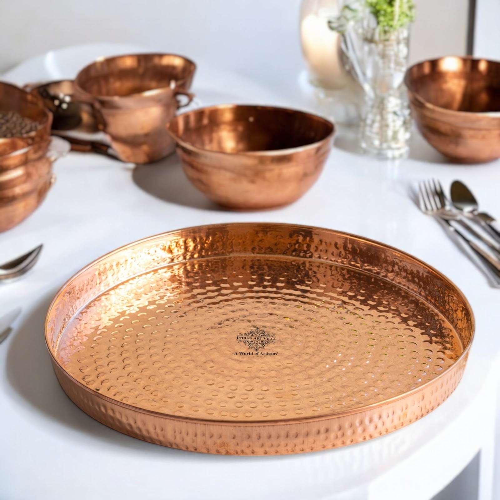 Pure Copper Hammered Thali – 33 cm Traditional Serving Plate for Festive Dining, Puja Rituals, and Gifting